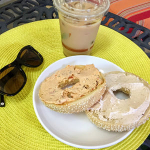 Sesame bagel and iced coconut latte, Brooklyn Brothers Bagel Company